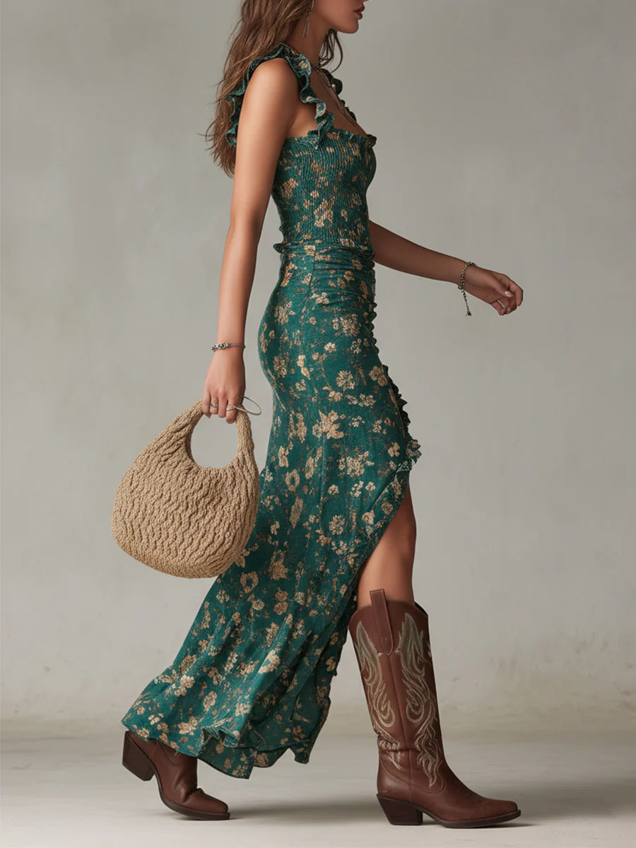 Vestido Maxi Bohemio Flora — Estampado Floral con Mangas con Volantes