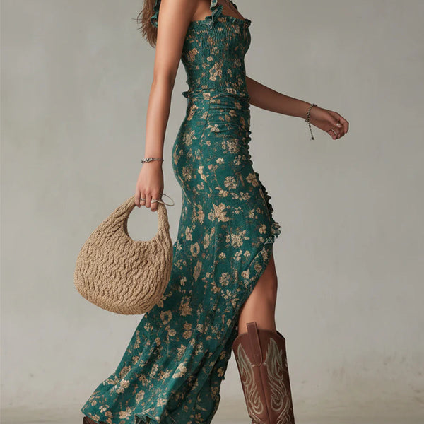 Vestido Maxi Bohemio Flora — Estampado Floral con Mangas con Volantes