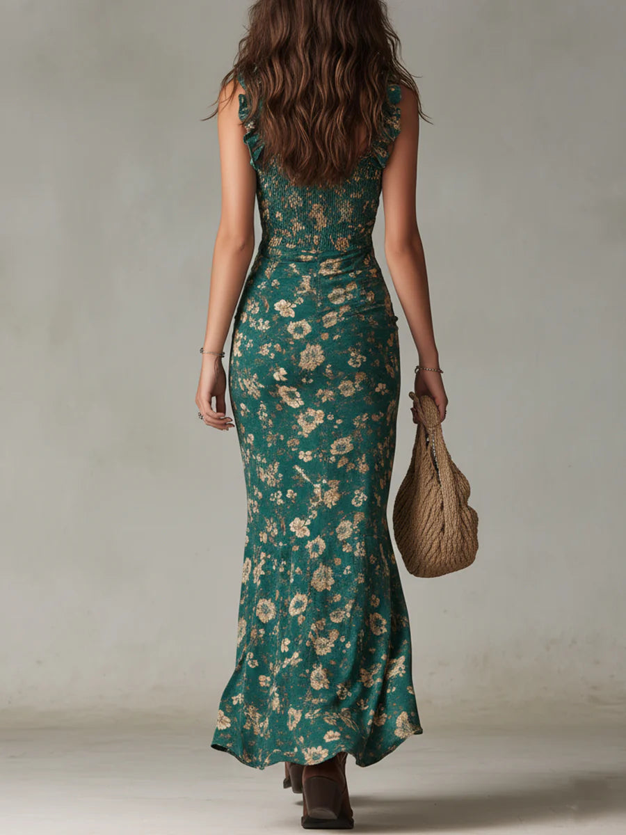 Vestido Maxi Bohemio Flora — Estampado Floral con Mangas con Volantes