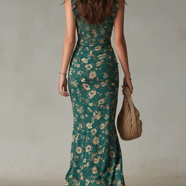 Vestido Maxi Bohemio Flora — Estampado Floral con Mangas con Volantes
