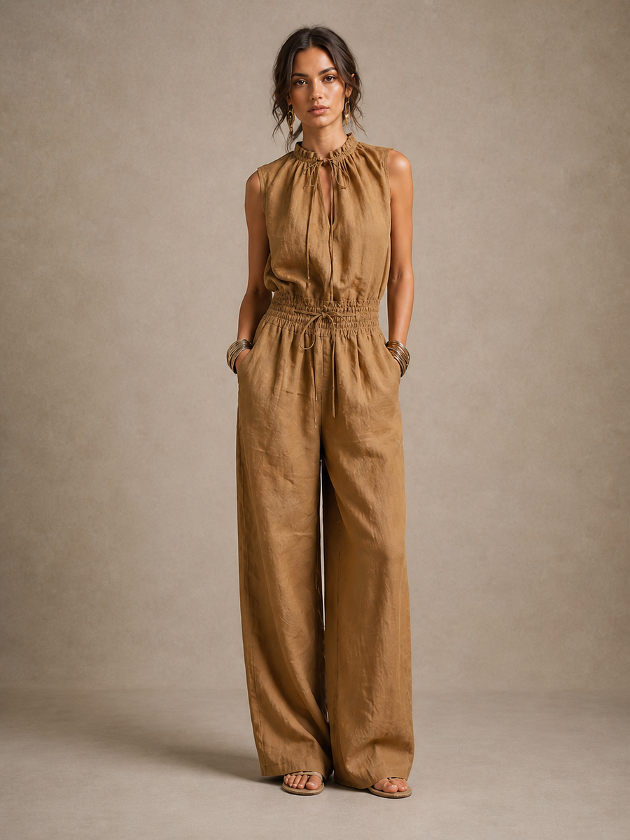 Zenaide - Camel-Coloured Jumpsuit with High Tied Neckline and Wide Leg