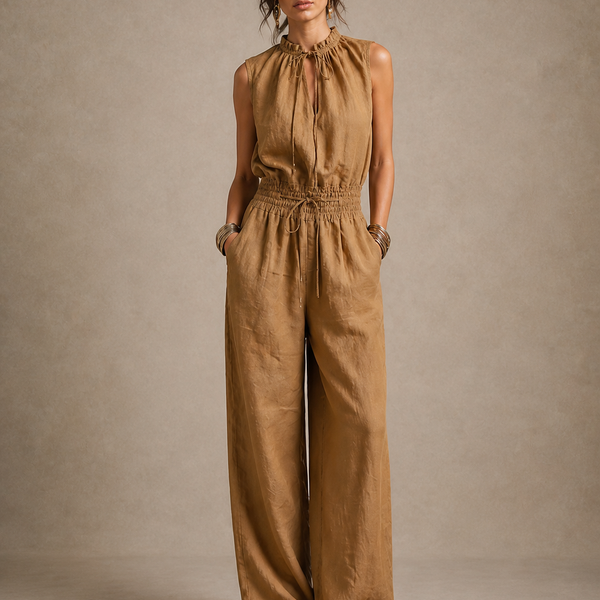 Zenaide - Camel-Coloured Jumpsuit with High Tied Neckline and Wide Leg