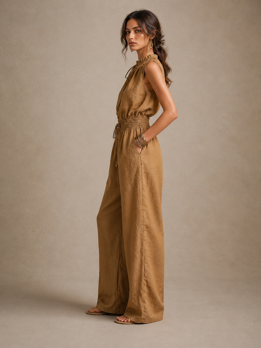 Zenaide - Camel-Coloured Jumpsuit with High Tied Neckline and Wide Leg