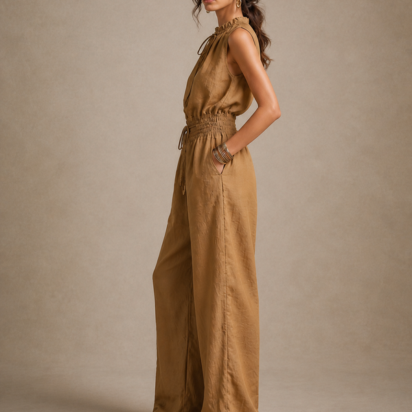 Zenaide - Camel-Coloured Jumpsuit with High Tied Neckline and Wide Leg