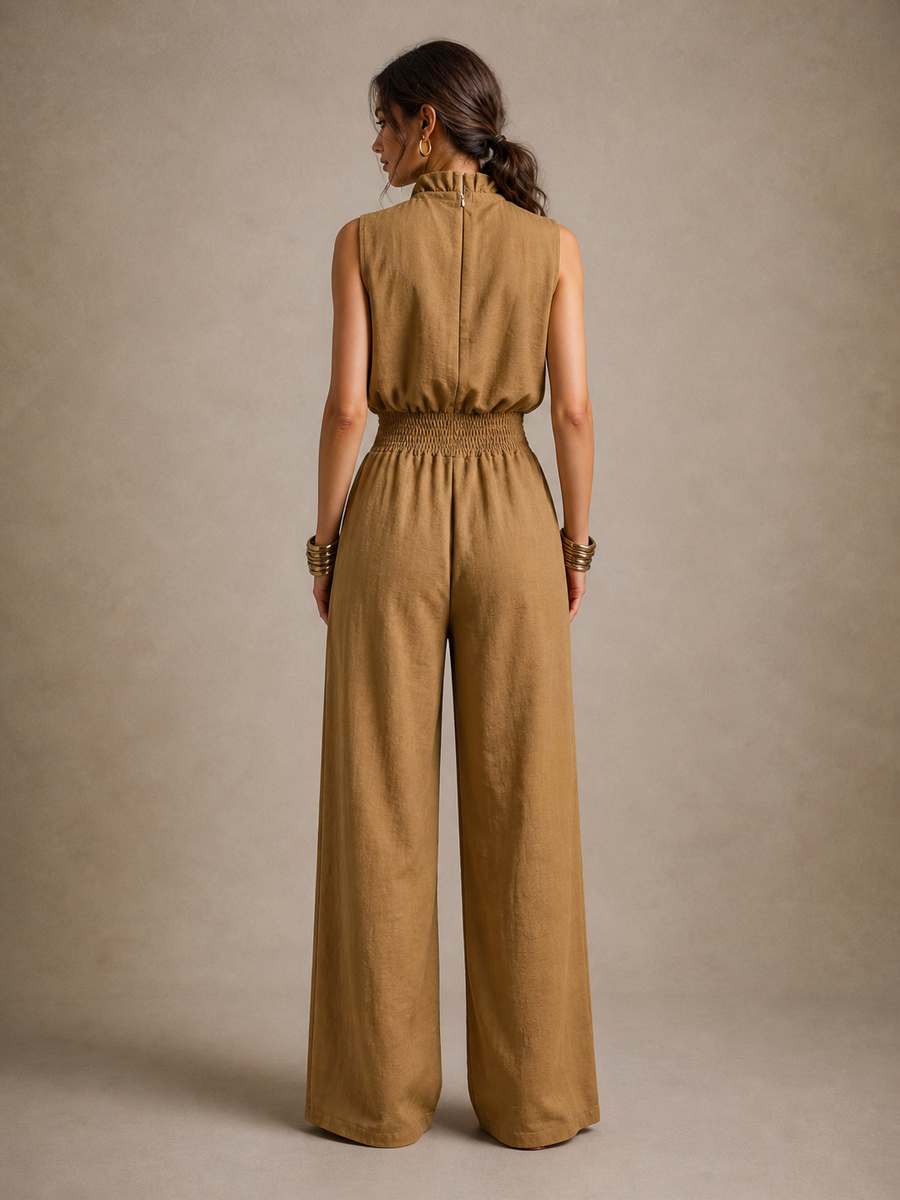 Zenaide - Camel-Coloured Jumpsuit with High Tied Neckline and Wide Leg