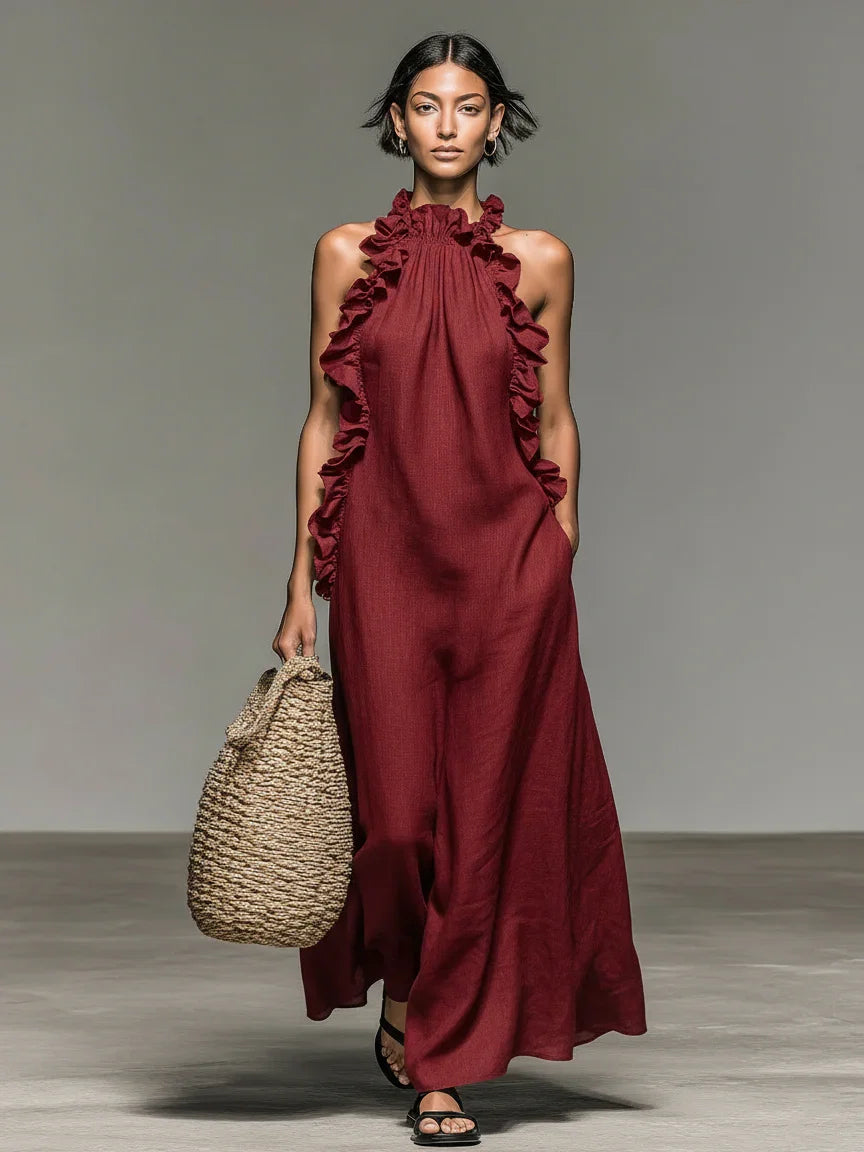 Lua - Ruffle-Neck Maxi Dress with Pockets
