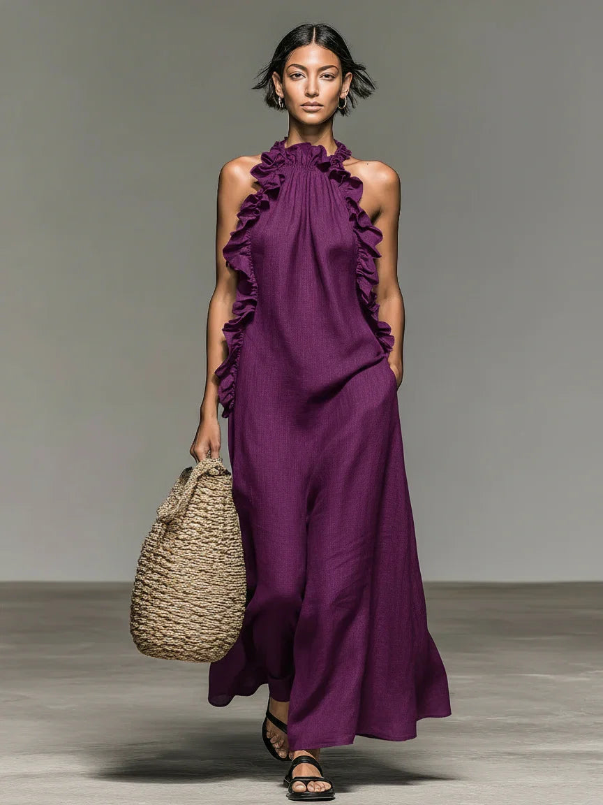 Lua - Ruffle-Neck Maxi Dress with Pockets