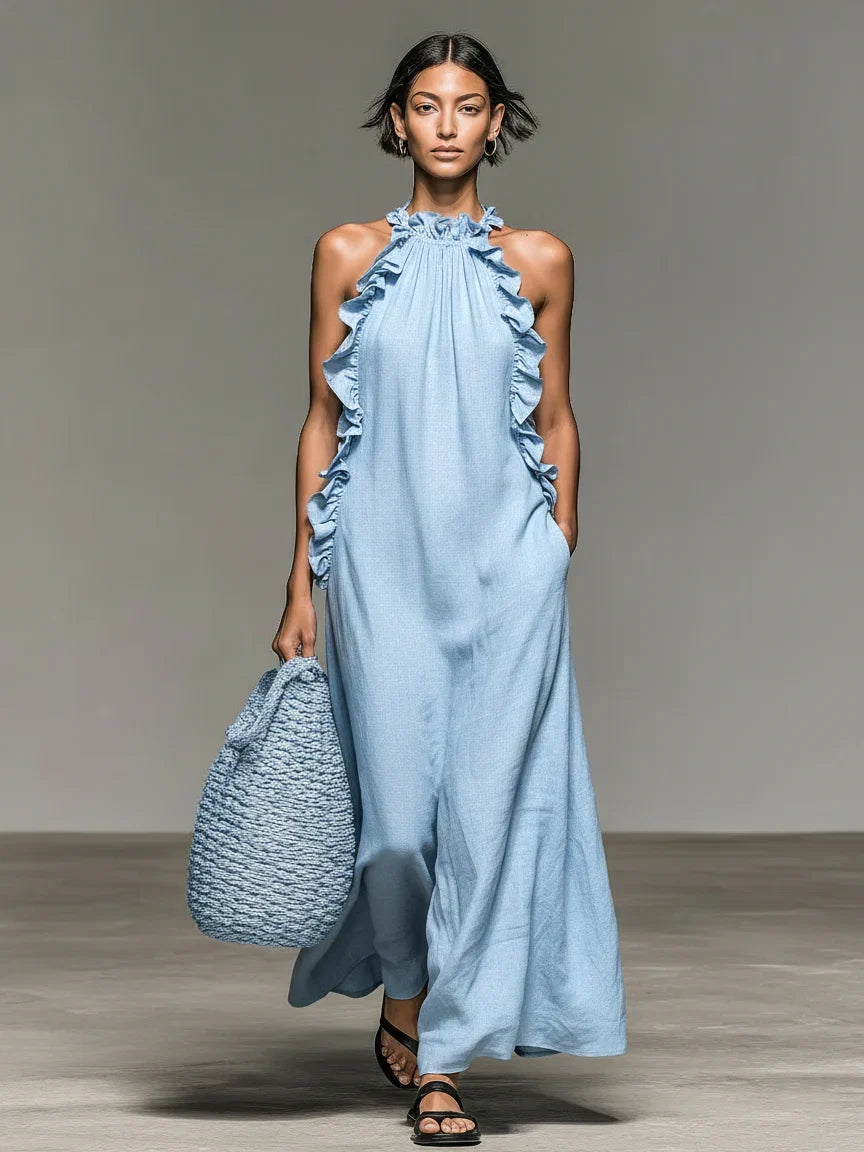 Lua - Ruffle-Neck Maxi Dress with Pockets