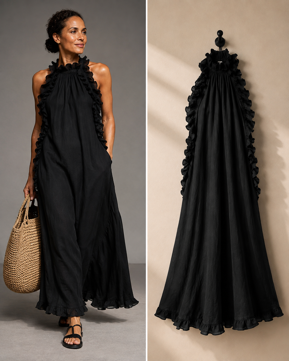 Lua - Ruffle-Neck Maxi Dress with Pockets