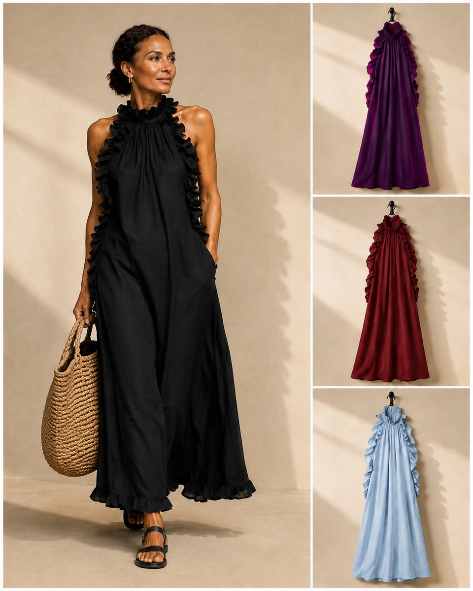 Lua - Ruffle-Neck Maxi Dress with Pockets