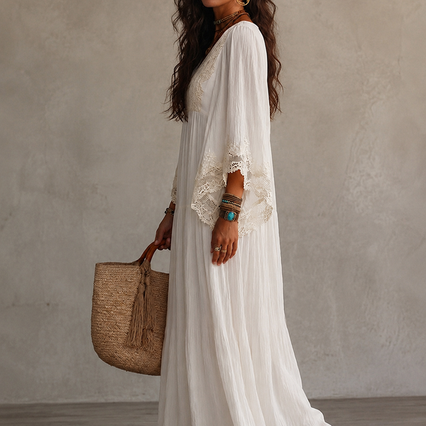 Isla Boho Maxi Dress — Ivory Chiffon and Romantic Lace