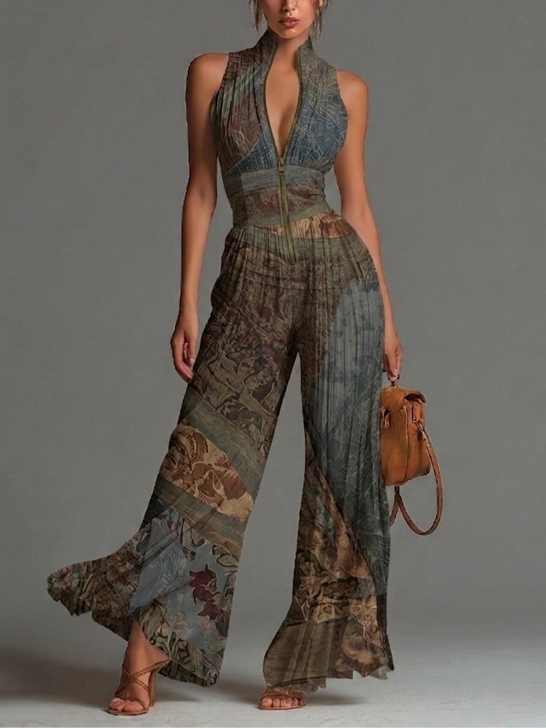 Selvaggia - Ethnic Print Jumpsuit with V-Neck and Wide Legs