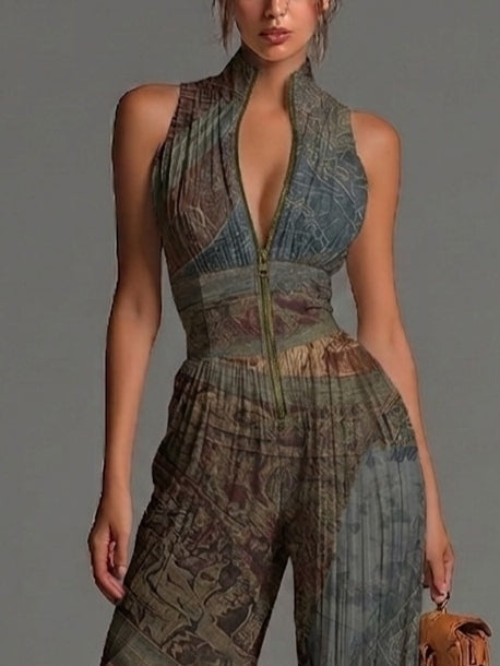 Selvaggia - Ethnic Print Jumpsuit with V-Neck and Wide Legs