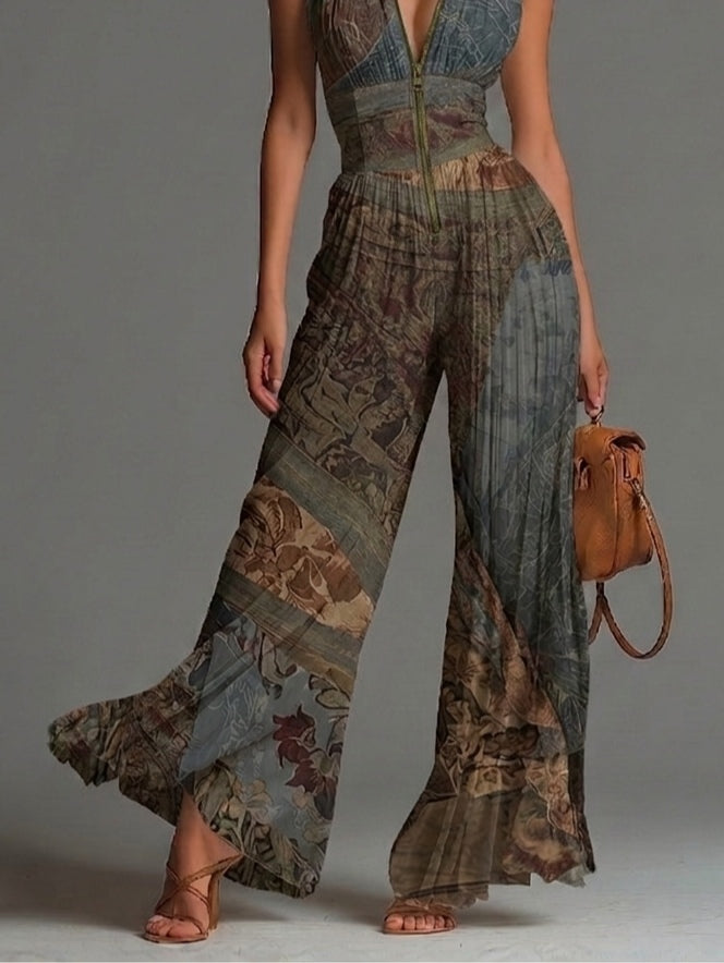 Selvaggia - Ethnic Print Jumpsuit with V-Neck and Wide Legs