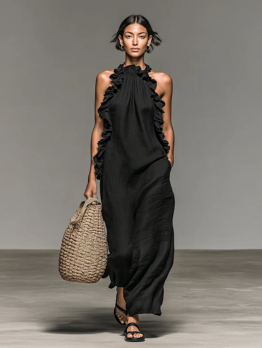 Lua - Ruffle-Neck Maxi Dress with Pockets