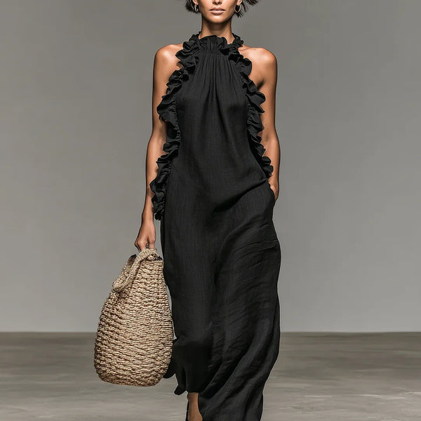 Lua - Ruffle-Neck Maxi Dress with Pockets