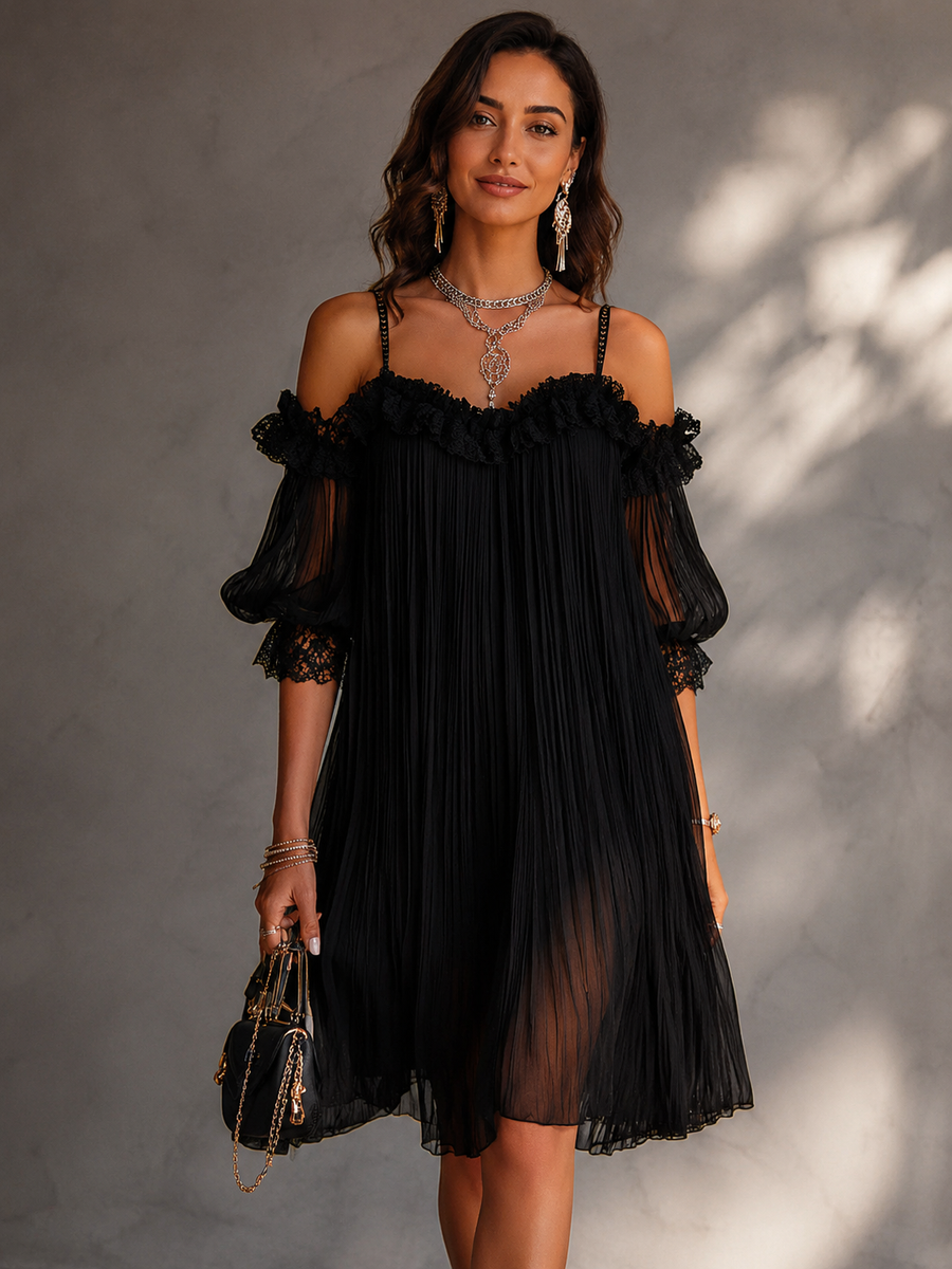 Violette Pleated Black Dress — Lace and Elegance