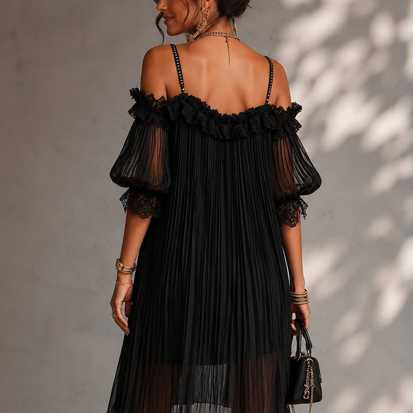 Violette Pleated Black Dress — Lace and Elegance
