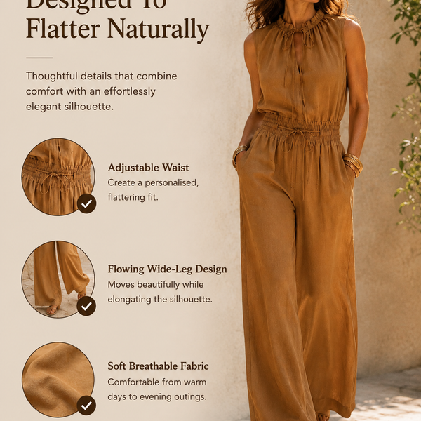 Zenaide - Camel-Coloured Jumpsuit with High Tied Neckline and Wide Leg