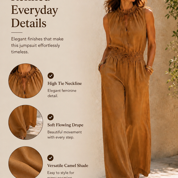 Zenaide - Camel-Coloured Jumpsuit with High Tied Neckline and Wide Leg