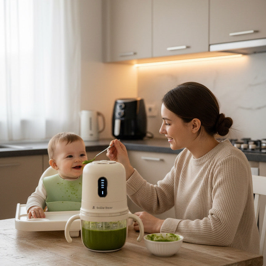 Mixeur SPINTAP sur plan de travail de cuisine, avec bavoir et chaise bébé en fond
